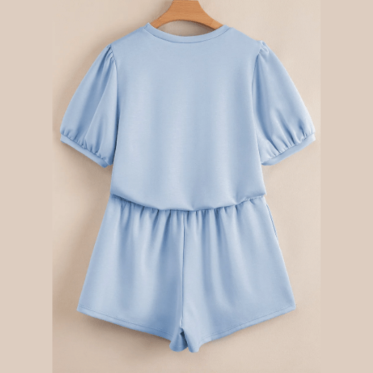 Hosanna Beau Blue Puff Sleeve Pearl Embellished Scallop Trim Top 2 Piece Skort Set