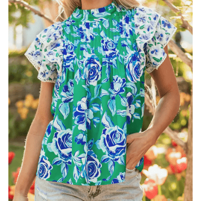 Karsten Green Floral Print Lace Trim Contrast Ruffle Sleeve Pleated Loose Blouse
