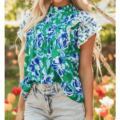 Karsten Green Floral Print Lace Trim Contrast Ruffle Sleeve Pleated Loose Blouse