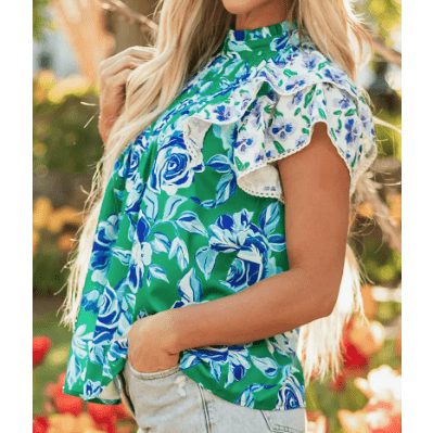 Karsten Green Floral Print Lace Trim Contrast Ruffle Sleeve Pleated Loose Blouse