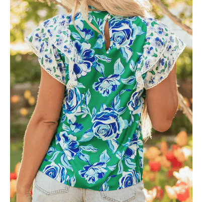 Karsten Green Floral Print Lace Trim Contrast Ruffle Sleeve Pleated Loose Blouse