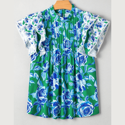 Karsten Green Floral Print Lace Trim Contrast Ruffle Sleeve Pleated Loose Blouse