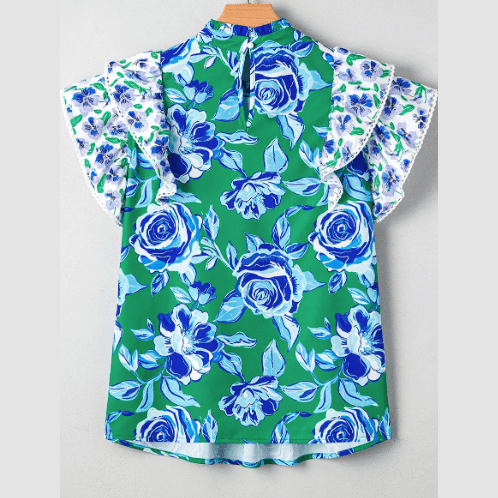 Karsten Green Floral Print Lace Trim Contrast Ruffle Sleeve Pleated Loose Blouse