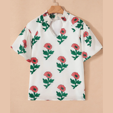 Lauretta Floral Print Shirred Split Neck Short Sleeve Blouse