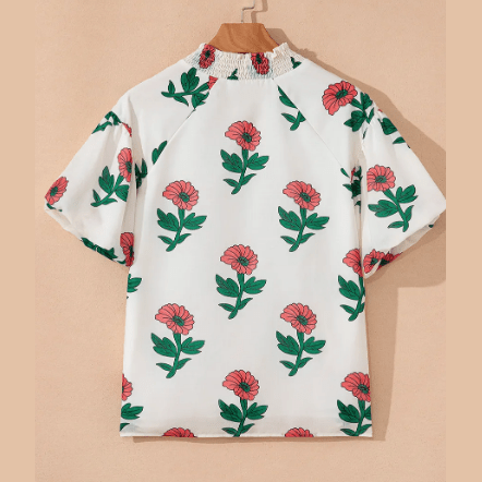 Lauretta Floral Print Shirred Split Neck Short Sleeve Blouse