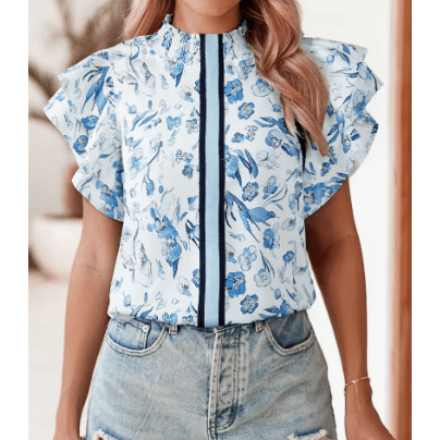 Lex Sky Blue Floral Print Ruffled Short Sleeve Blouse