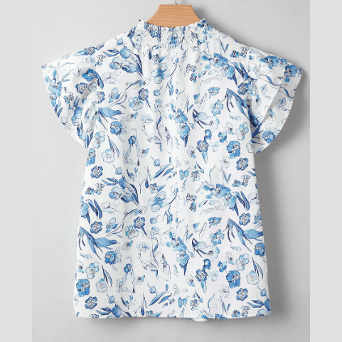 Lex Sky Blue Floral Print Ruffled Short Sleeve Blouse