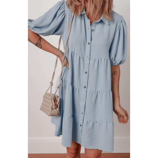 Luna Beau Blue Shirt Collar Button Up Short Puff Sleeve Tiered Shift Dress
