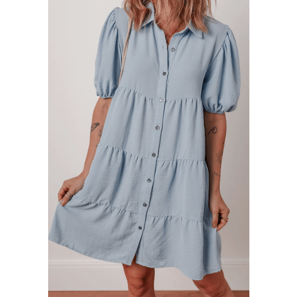 Luna Beau Blue Shirt Collar Button Up Short Puff Sleeve Tiered Shift Dress