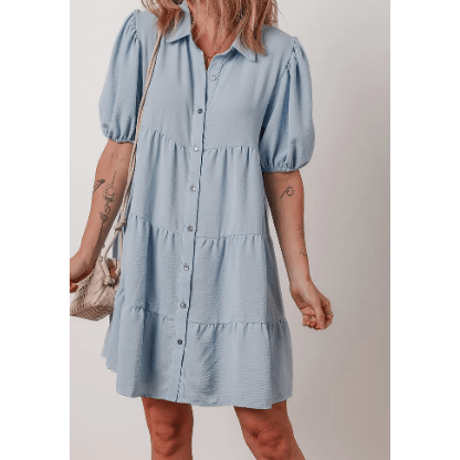 Luna Beau Blue Shirt Collar Button Up Short Puff Sleeve Tiered Shift Dress