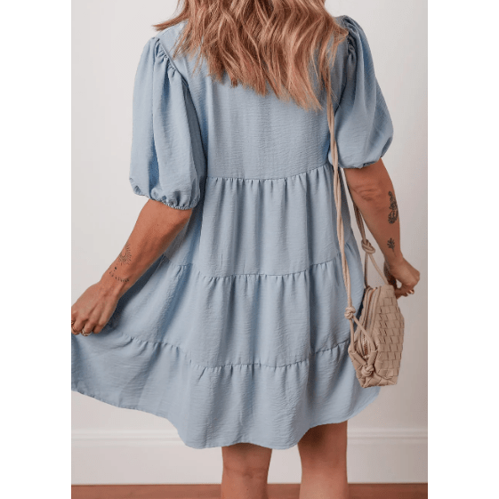 Luna Beau Blue Shirt Collar Button Up Short Puff Sleeve Tiered Shift Dress