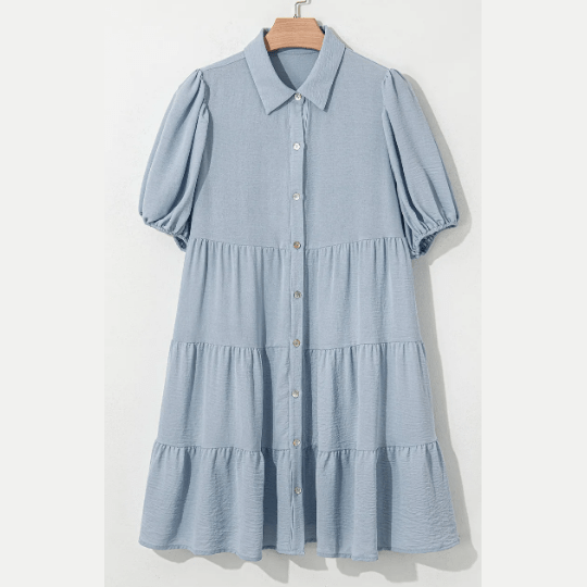 Luna Beau Blue Shirt Collar Button Up Short Puff Sleeve Tiered Shift Dress