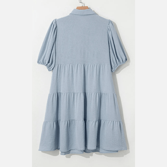 Luna Beau Blue Shirt Collar Button Up Short Puff Sleeve Tiered Shift Dress