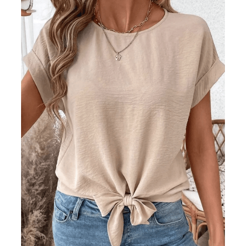 Maylee Parchment Knotted Hem Short Sleeve Blouse