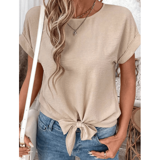 Maylee Parchment Knotted Hem Short Sleeve Blouse