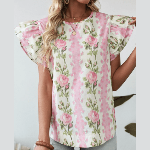 Persephone Pink Floral Print Ruffled Sleeve Summer Top