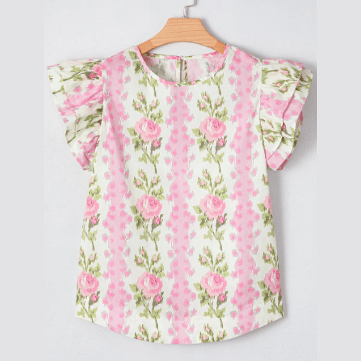 Persephone Pink Floral Print Ruffled Sleeve Summer Top