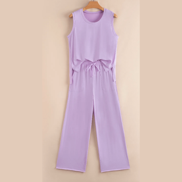 Tandy Orchid Petal Mineral Wash Casual Round Neck Tank and Straight Loose Drawstring Pants Set