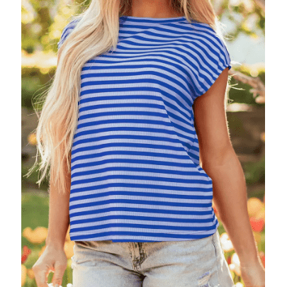Whitlee Sky Blue Stripe Ribbed Cap Sleeve Round Neck T Shirt
