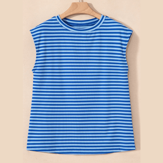 Whitlee Sky Blue Stripe Ribbed Cap Sleeve Round Neck T Shirt