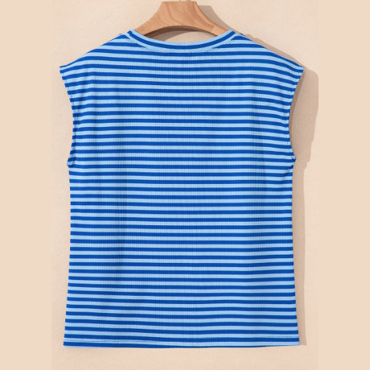 Whitlee Sky Blue Stripe Ribbed Cap Sleeve Round Neck T Shirt