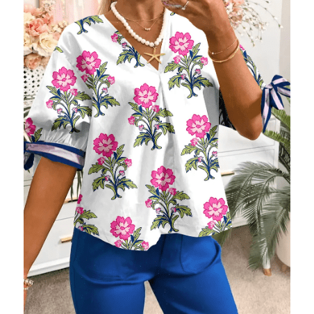 Rolanda White Floral Colorblock Stripe Knot Bubble Sleeve V Neck Blouse