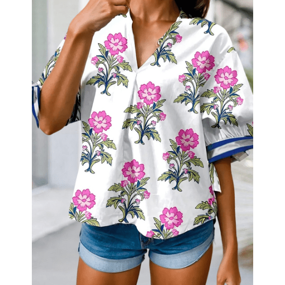 Rolanda White Floral Colorblock Stripe Knot Bubble Sleeve V Neck Blouse