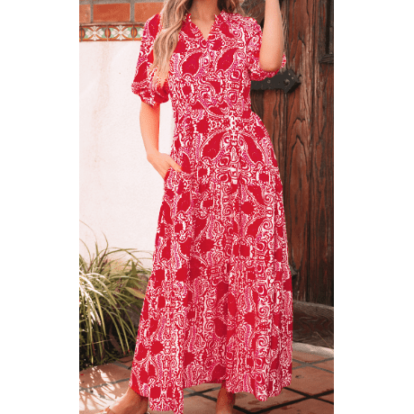 Antoinette Red Paisley Print Side Slit Puff Sleeve High Waist Maxi Dress