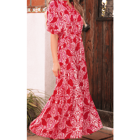 Antoinette Red Paisley Print Side Slit Puff Sleeve High Waist Maxi Dress