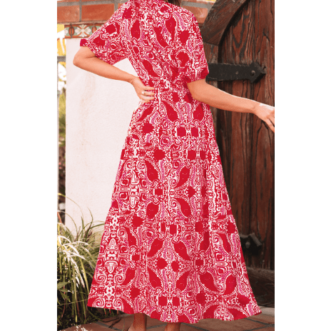 Antoinette Red Paisley Print Side Slit Puff Sleeve High Waist Maxi Dress
