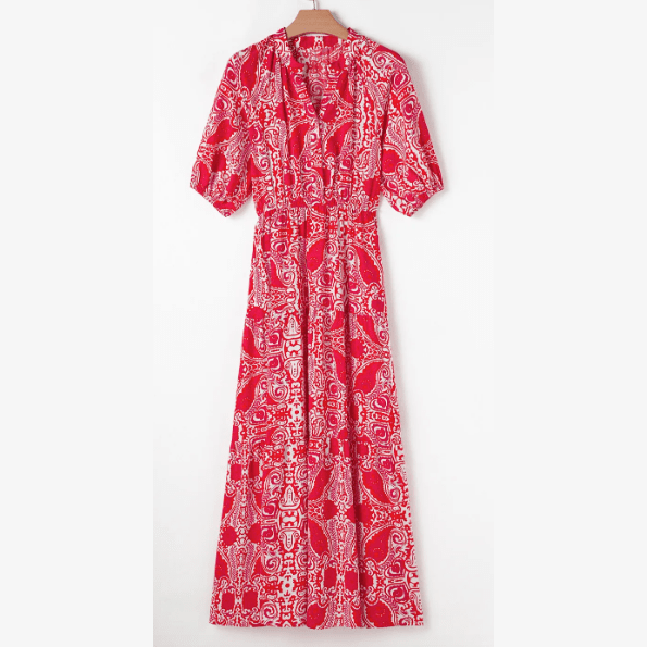 Antoinette Red Paisley Print Side Slit Puff Sleeve High Waist Maxi Dress