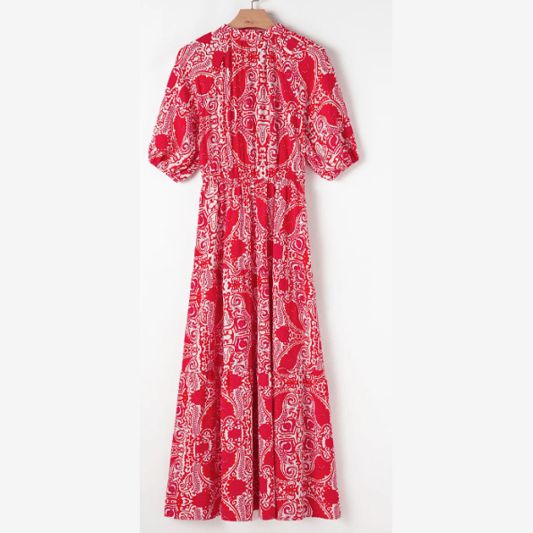 Antoinette Red Paisley Print Side Slit Puff Sleeve High Waist Maxi Dress