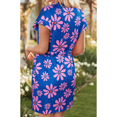 Dena Purple Floral Striped Quarter Zip Cap Sleeve Drawstring Waist Mini Dress