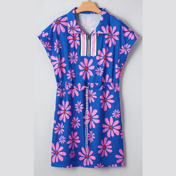 Dena Purple Floral Striped Quarter Zip Cap Sleeve Drawstring Waist Mini Dress