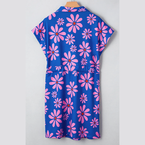 Dena Purple Floral Striped Quarter Zip Cap Sleeve Drawstring Waist Mini Dress