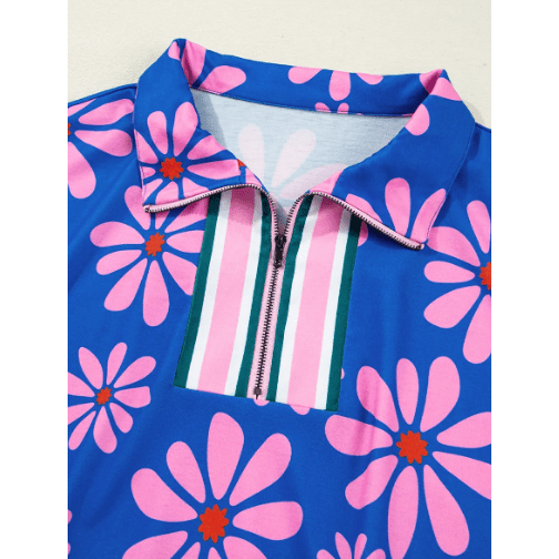 Dena Purple Floral Striped Quarter Zip Cap Sleeve Drawstring Waist Mini Dress