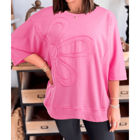 Poli Pink Floral Patched Half Sleeve Tunic Top
