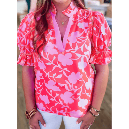 Norabel Floral Split V Neck Ruffled Short Sleeve Blouse Top