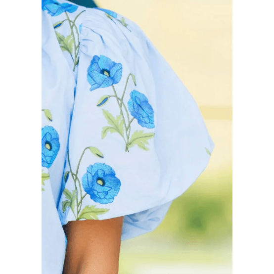 Sophia Sky Blue Floral Print Tie Split Neck Short Puff Sleeve Blouse