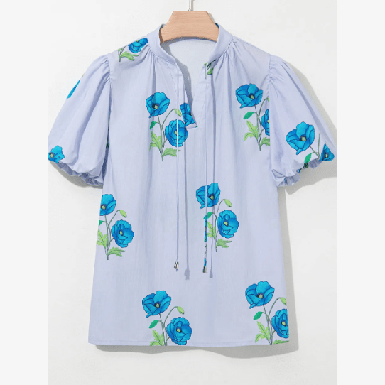 Sophia Sky Blue Floral Print Tie Split Neck Short Puff Sleeve Blouse