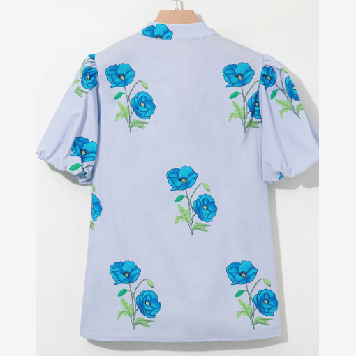 Sophia Sky Blue Floral Print Tie Split Neck Short Puff Sleeve Blouse