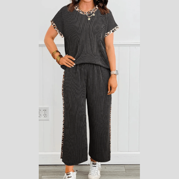 Sabrina Carbon Grey Leopard Patchwork Edge Twisted Rib T Shirt and Cropped Pants Set
