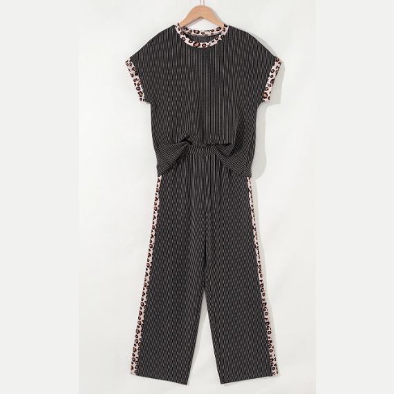 Sabrina Carbon Grey Leopard Patchwork Edge Twisted Rib T Shirt and Cropped Pants Set