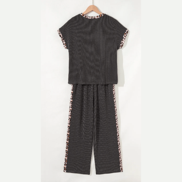 Sabrina Carbon Grey Leopard Patchwork Edge Twisted Rib T Shirt and Cropped Pants Set