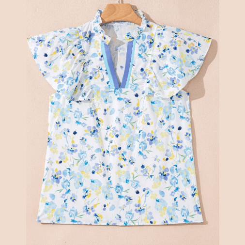 Teagan Sky Blue Floral Print Frilled Notched V Neck Blouse