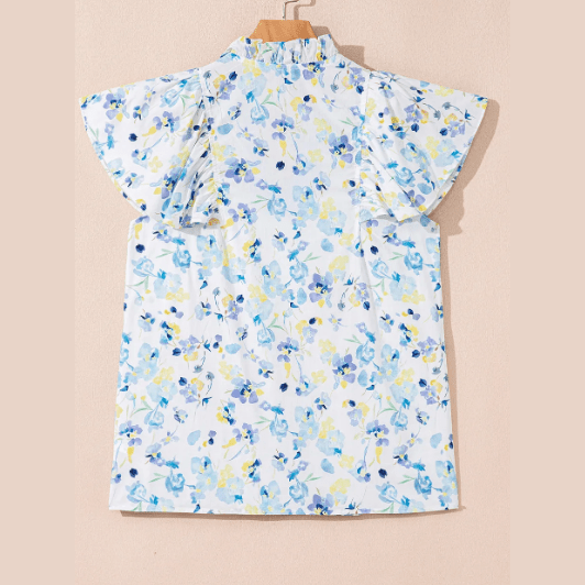 Teagan Sky Blue Floral Print Frilled Notched V Neck Blouse