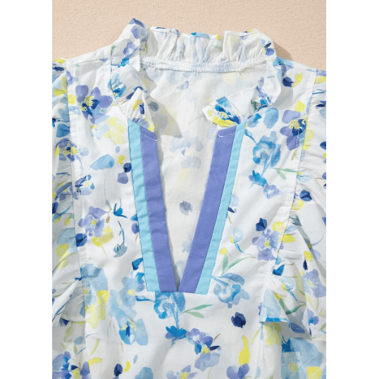 Teagan Sky Blue Floral Print Frilled Notched V Neck Blouse
