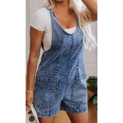 Neatra Dusk Blue Sleeveless U Neck Patched Pocket Denim Romper