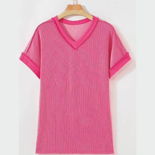 Vivienne Twisted Ribbed Knit V Neck Casual Tee