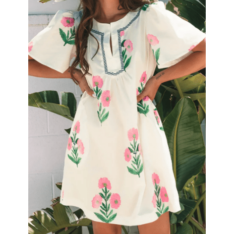 Carlette Apricot Floral Short Sleeve Split Neck Loose Mini Dress